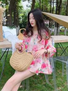 YUXIN 宽松可爱三分袖圆领衬衫，时尚蝙蝠袖碎花衬衫，适合夏季 - 玫紅色 - 查看 9