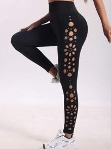 Women's Solid Color High Waist Hollow Out Yoga Tights