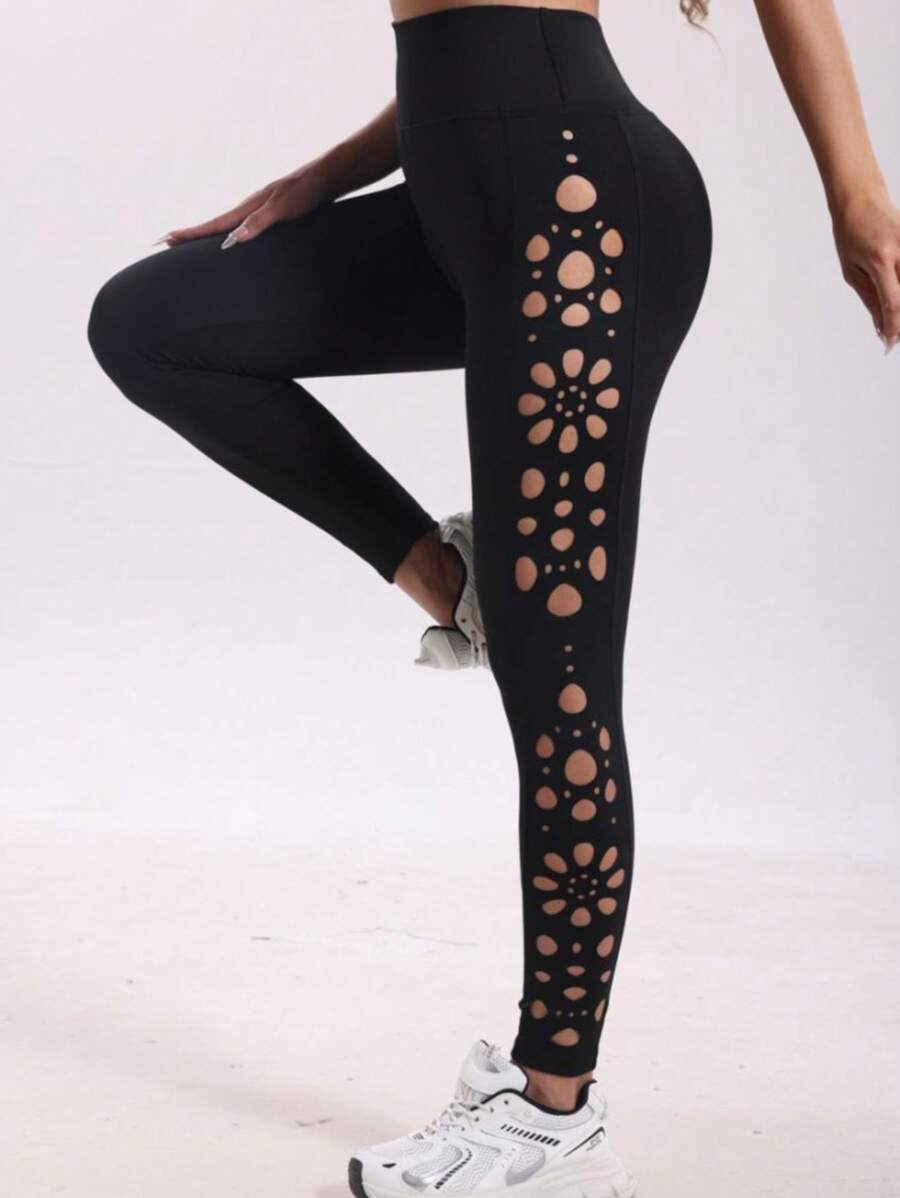 Women's Solid Color High Waist Hollow Out Yoga Tights