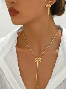 3pcs Stainless Steel Butterfly Pendant Necklace & Earring Set, Fashion Gold Color Jewelry Accessories Suitable For Daily Wear, Gift