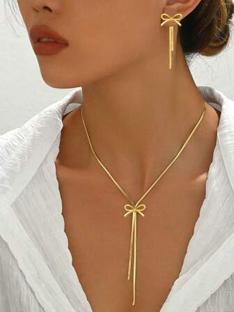 3pcs Stainless Steel Butterfly Pendant Necklace & Earring Set, Fashion Gold Color Jewelry Accessories Suitable For Daily Wear, Gift