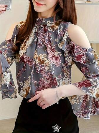 女士节日荷叶边优雅露肩花卉衬衫