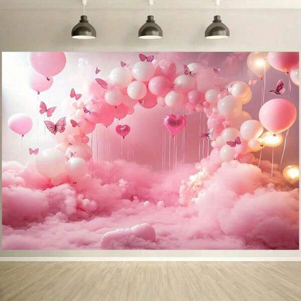 1pc Polyester Photographic Backdrop - Pink Balloons & Butterflies With Heart Decor, Dreamlike Atmosphere Suitable For Weddings, Bridal Showers, Birthdays | Party Decorations Background For Outdoor Celebrations