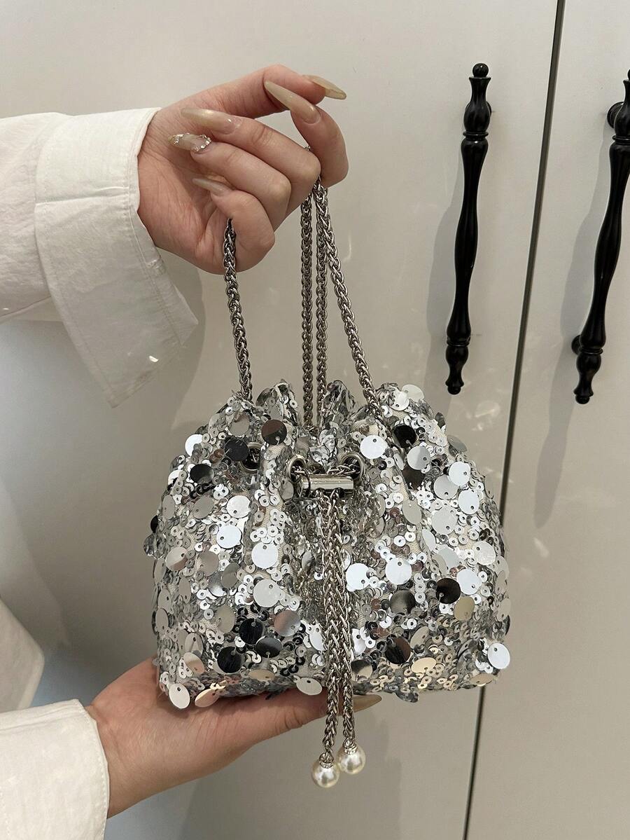 Women's Shiny Fashionable Street Style Drawstring Bucket Bag With Chain Shoulder Strap - Silver - View 1