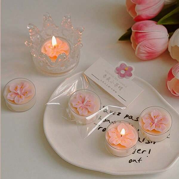 Mini Pink Flower Tea Light Candle, Scented Wax Candle Gift, Suitable For Wedding, Holiday, Birthday Gifts For Boyfriend/Girlfriend, Creative Desktop Decor, Bedroom Peach Blossom Style Candle