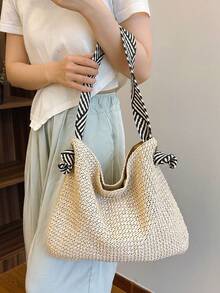 1 件女士新款草编包，时尚百搭大容量手提包，适合海滩、海边、夏季、通勤、编织包、度假、复古、简约、休闲 - 米色 - 查看 4