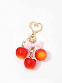 1pc Red Cherry & Pink Bow Simulated Fruit Keychain, Accessory For Women's Wallet, Outfit, Gift, ABS Plastic Material