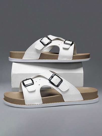 Men's Simple Double Buckle Flat Slide Sandals, Available In Black And White, Casual Summer Beach Slippers, Suitable For Home, Bathroom, Outdoor Walking, Beach Wear