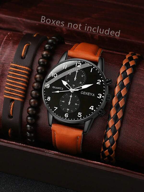 4 pièces/Set Nouvelle montre bracelet de luxe pour hommes. Ensemble de mode affaires avec bracelet en PU marron. Montre à quartz pour homme. Ensemble cadeau convenant pour le port quotidien, Noël, Nouvel An, Saint-Valentin, vacances