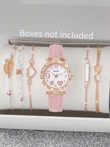 6 Stück/Set Quarz Sternenhimmel Zifferblatt Uhr mit PU Lederarmband und Seil mit schwarzen Perlen Liebe Armband, schwarze geometrische quadratische Figur, Blatt 5-teiliges Set, geeignet für den täglichen Lässig-Stil, einfach und elegant, die beste Wahl für Halloween, Weihnachten, Valentinstag, Muttertag, Urlaubsgeschenke