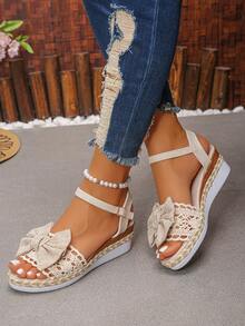 2026 Summer New Women's Fashion Casual Beige Hollow Crochet Breathable Woven Patchwork Platform Wedge Thick Sole Open Toe Strap Bow Sandals - Rice Toe Bow - View 4
