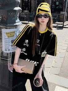Loose Fit Women's Striped Contrast Color T-Shirt, Letter Print Short Sleeve Casual Top