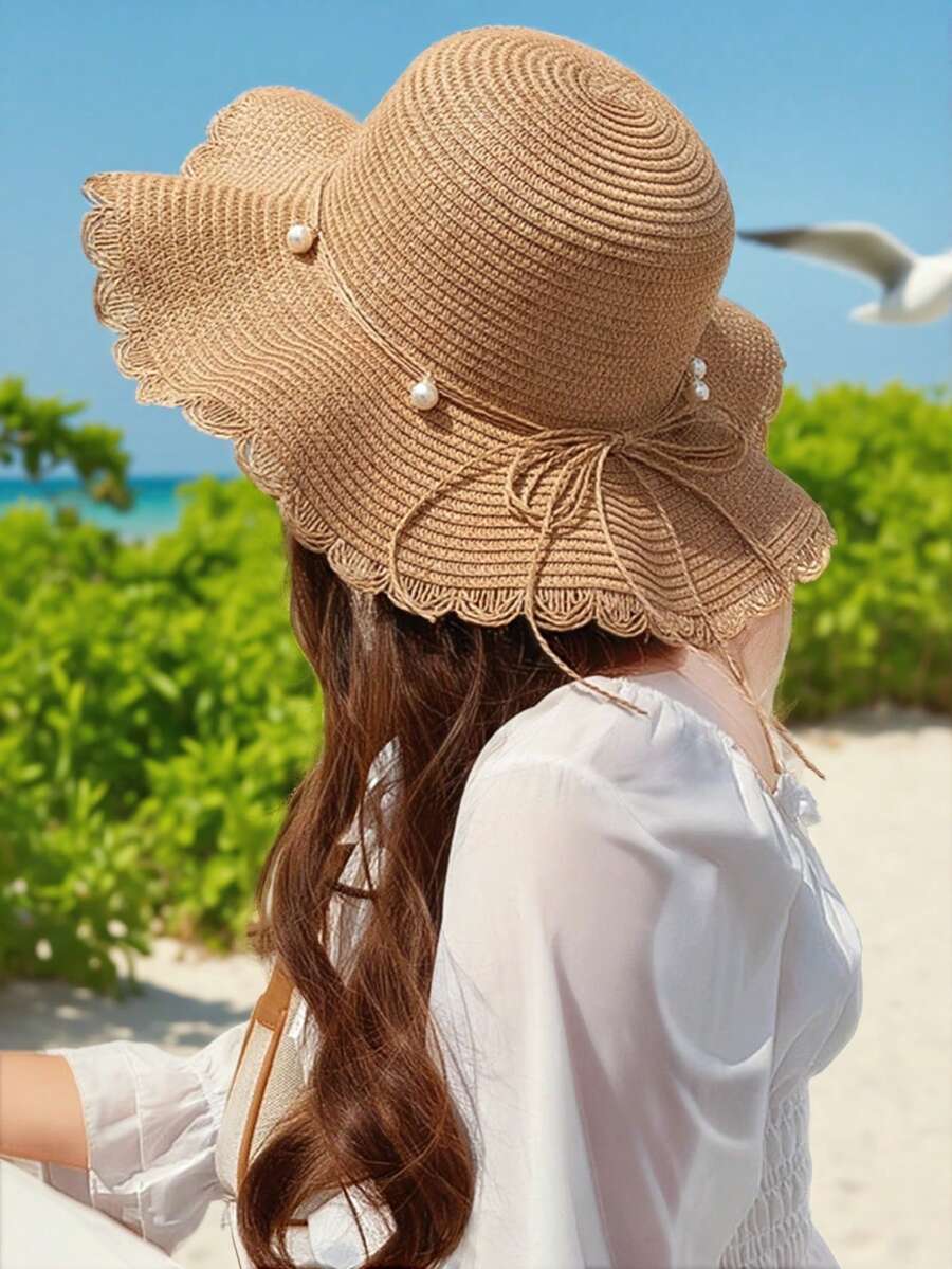2025 Summer Women's Khaki/Beige Bohemian Beach Hat UPF 50+ Woven Straw Wide-Brimmed Sun Hat | Pearl Decor Women's Vintage Hats, Beach Accessories & Tropical Vacation (1 Hat)