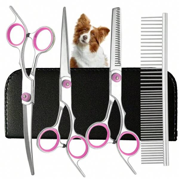Un juego de tijeras profesionales para el cuidado de perros y gatos equipado con tijeras curvas y un peine de acero inoxidable, para cortar y recortar el cabello, tijeras con doblez, tijeras planas, tijeras para flequillo, tijeras para el aseo de mascotas, cortapelos, accesorios necesarios para gatos