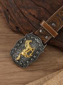 1pc Unisex Retro Western Cowboy Animal Buckle Embossed PU Leather Belt, Fashionable All-Match Suitable For Jeans, Skirts And Year-Round Wear - Gold - View 4