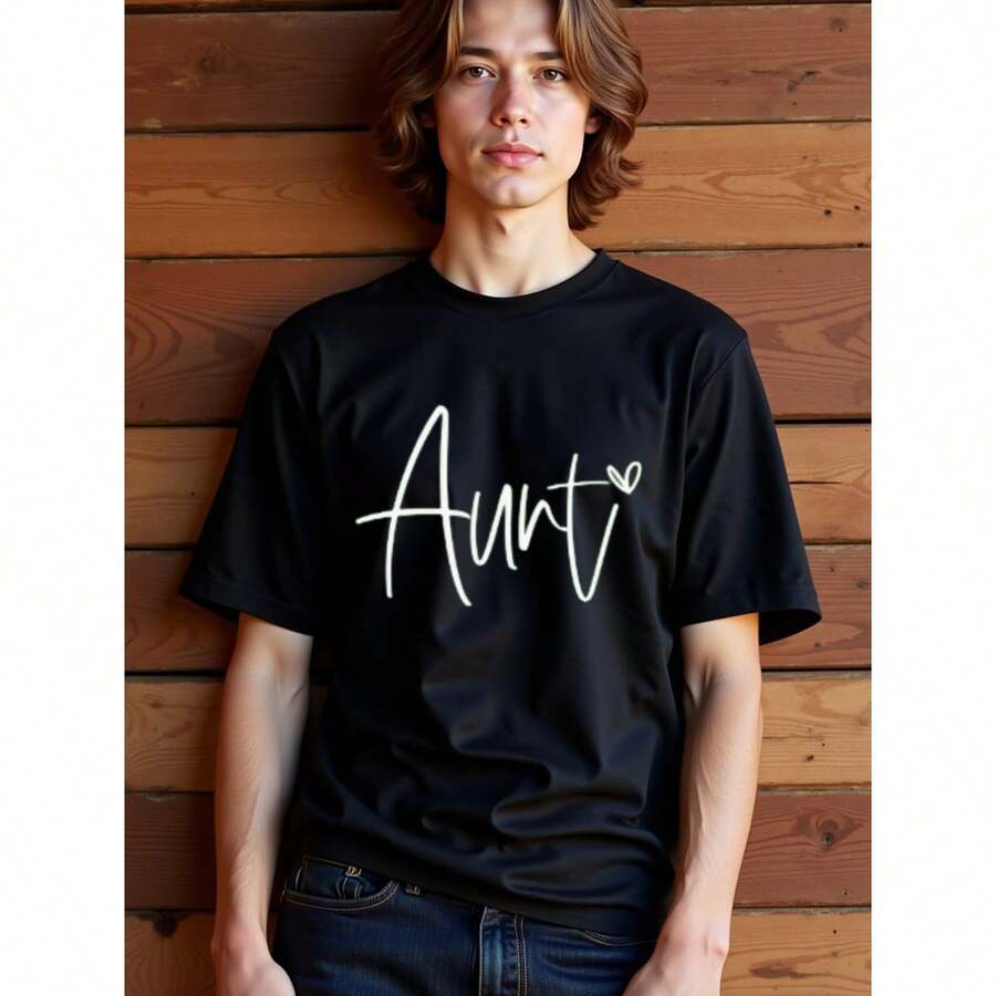 60 Polyester 40 Cotton Tshirts, 95 Cotton 5 Spandex T-Shirts Men, Black Aunt Script T-Shirts With Heart Design, Bulk Tshirts Unisex Multiple Sizes, Men's Long Sleeve T-Shirts - Black - View 1