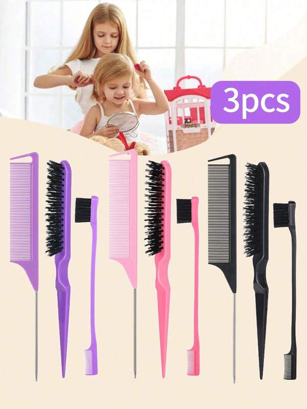 Set de 3 piezas de herramientas de peinado para niños, incluye peine, cepillo de cejas y cepillo para mechas de color