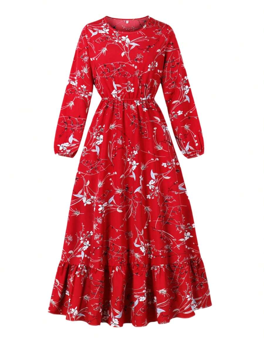 春秋花卉印花宽松腰圆领长袖长款休闲连衣裙 - 紅色 - 查看 1