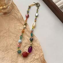 1 pieza Collar con cuentas de vidrio de arroz, estrella de cerámica y acrílico de diseño encantador y colorido - Collar gargantilla elegante para mujer, adecuado para viajes, uso diario y regalo de cumpleaños
