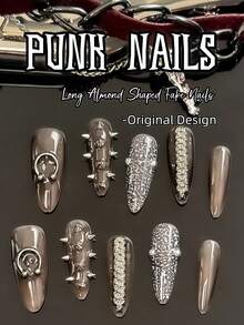 原创设计，手工制作，10 件朋克风格指甲，牛仔图案设计，铆钉指甲，长杏仁形假指甲，法国和朋克元素的完美融合让您成为独特的朋克女孩，酷热香料垃圾朋克女孩赛博朋克金属重深黑色指甲套装适合女性和女孩日常节日约会舞蹈穿着，提升您的外观，按压指甲美甲用品指甲