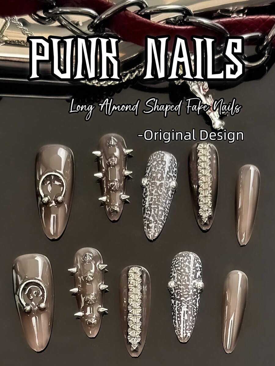 原创设计，手工制作，10 件朋克风格指甲，牛仔图案设计，铆钉指甲，长杏仁形假指甲，法国和朋克元素的完美融合让您成为独特的朋克女孩，酷热香料垃圾朋克女孩赛博朋克金属重深黑色指甲套装适合女性和女孩日常节日约会舞蹈穿着，提升您的外观，按压指甲美甲用品指甲