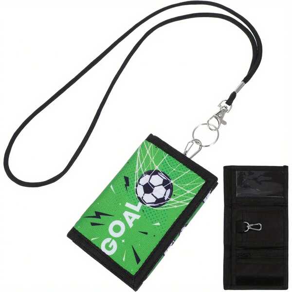 Slim Youngsters Wallet, Neck Pouch, Purse Boys Football Motif Purse With Lanyard Triple Folded Wallet Shoulder Coin Bag Christmas Birthday Gift For Teenagers Wallet, Green, Contemporary [Slightly Different Print Placement And Minor Color Variation Between Batches]