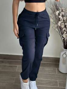 Pantalones cargo de mujer de moda casual de unicolor minimalista con bolsillo, cintura elástica y cordón, para primavera - Verde militar - Ver 2