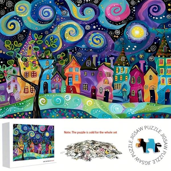 300/500/1000 Stücke Traumpfad Stadt Landschafts-Puzzle, herausfordernd spaßig, um Gehirnleistung und Vitalität zu steigern, dickes, robustes nahtloses Design geeignet für Erwachsene, ideal als Geschenk zu Geburtstag, Weihnachten, Halloween, Thanksgiving, für Familienspaß, lebendiges Puzzle Design