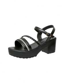 Women's White Rhinestone Decor Thick Sole High Heel Sandals - Open Toe Thick Bottom High Heels For Summer, Women's Ankle Strap Thick Sole High Heel Sandals, Women's High Heel Sandals, Elegant Mule Sandals, Shiny Rhinestone Sandals, Elegant Slimming High Heels, Sexy High Heels, Open Toe Roman Sandals, Shiny Footwear - Black - View 4