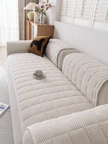 1pc Embroidered Plush Sofa Cover, Solid Color Nordic Style Thickened 3D Design Sofa Protector, Non-Slip Anti-Scratch Sofa Slipcover For Living Room, Bedroom, Study, 1/2/3/4 Seater With Armrest & Backrest - 米色 - 查看 5