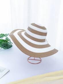1pc Summer Female Sunshade Hat With Black And White Thick Stripes Along The Beach Straw Hat Sun Protection - Khaki - View 12