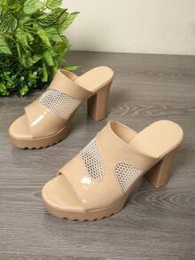 Solid Color, Chunky Heel, Fashionable Sexy High Heels - Solid Color, Sexy, Elegant, Fashionable, Forward, Business, Outdoor, Casual, Luxury Style, PU Leather, Mesh Panel, Suitable For Wedding, Party, Office, Outdoor, Home, All Seasons - Brown - View 5