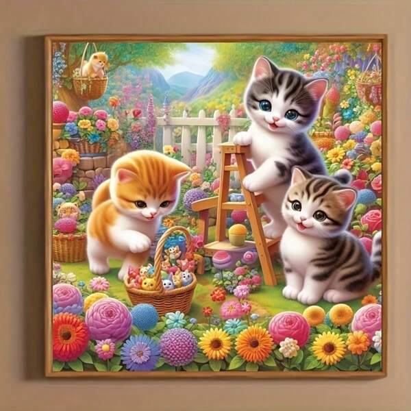 Kit de pintura de diamantes 3D DIY - Tema Paraíso de Gatos, diamantes redondos de perforación completa, material de lienzo, artesanía y arte de bordado, perfecto para decoración del hogar, arte de pared y regalos para principiantes, 30.0x30.0 Cm