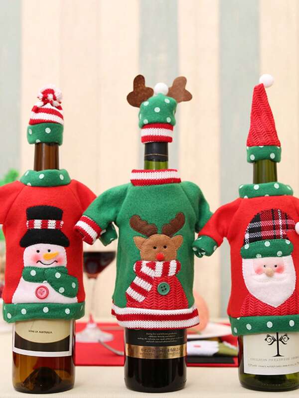 Christmas Decorated Wine Bottle Cover, Embroidered Cartoon Christmas Wine Bottle Sleeve, Christmas Dinner Table Decor