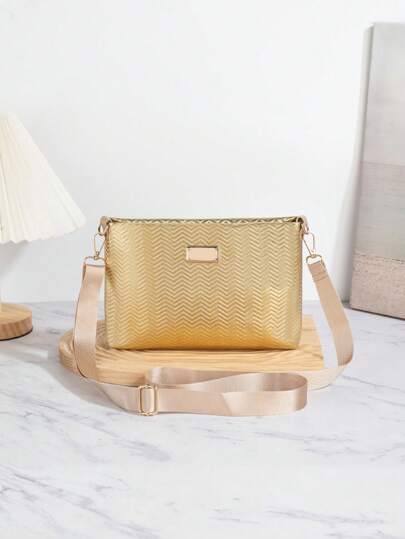 Bolsa transversal feminina com padrão ondulado dourado, bolsa de ombro versátil e moderna com zíper de qualidade