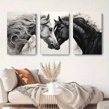3 peças/Conjunto Pintura em Tela Emoldurada, Conjunto de Arte de Parede em Tela Cavalo Galopante Preto e Branco - Pintura de Cabeça de Cavalo Elegante - Decoração de Arte com Padrão Animal para Sala de Estar, Quarto, Escritório, Presente Perfeito para Amigos e Família, À Prova d'Água - Multicolorido - Visão 6