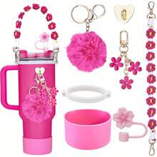 7 pezzi set rosa accessori per tazze - maniglia per bottiglia d'acqua, custodia in silicone compatibile con tazza da 30oz e 40oz, coperchio in silicone per cannuccia, ciondoli portachiavi , regali ideali per ragazze, donne, mamme, forniture scolastiche