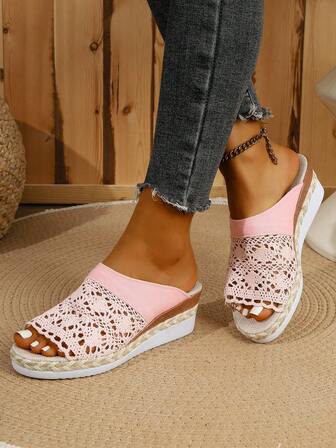 2025 New Fashionable & Elegant Platform Wedge Heel Lace Casual Slide Sandals, Comfortable Bohemian Style