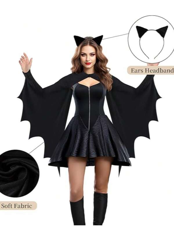 2 pièces Costume d'ailes de chauve-souris Tao-Ge pour femmes adultes, châle de chauve-souris avec oreilles et serre-tête