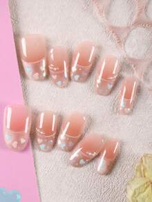 10Pcs Set Princess Style French Pastel Pink Glitter 3D Flower Cute Press On Nails,Artificial Nails Set With 1Pc Adhesive Tab And 1Pc Mini File Nail Supplies Nails - Multicolor - View 10