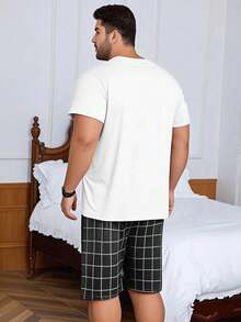 2pcs/Set Plus Size Men Casual Loose Plaid Short Sleeve T-Shirt And Shorts Pajama Set, Suitable For Spring/Summer Loungewear - Black and White - View 2