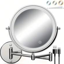 [LED Makeup Mirror] 8-Inch Double-Sided Mirror - Wall-Mounted Makeup Mirror With LED Lights, 1x/10x Magnification, 360 Degrees Rotation, 3-Color Light Touch Screen - Suitable For Bathroom, Bedroom, Living Room Bathroom Decor Fall Decor Makeup Organizer Bathroom Accessories Back To School