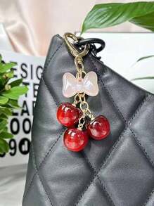 1pc Red Cherry & Pink Bow Simulated Fruit Keychain, Accessory For Women's Wallet, Outfit, Gift, ABS Plastic Material