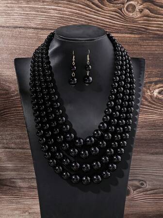 Conjunto de collar, brazalete y aretes de moda vintage con cuentas hechas a mano, perlas falsas, con estilo occidental y del Medio Oriente de múltiples capas exageradas