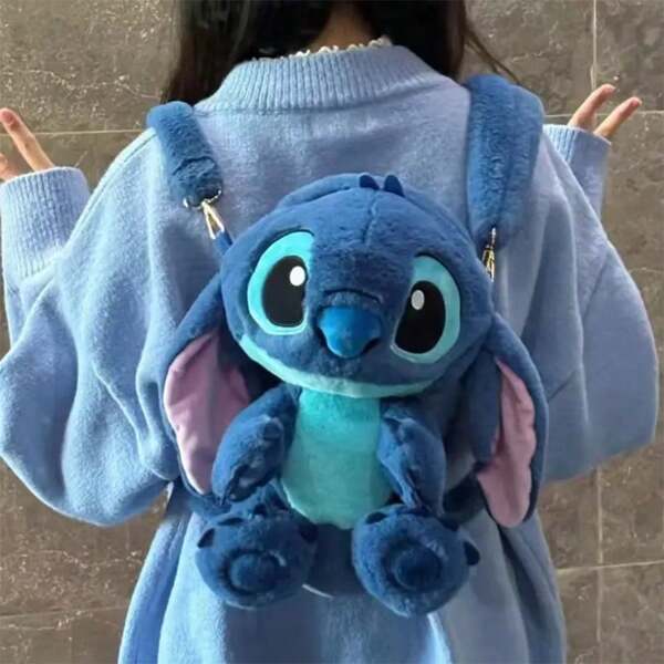 Disney 1pc Disney Authorized Stitch Pattern Fashion Large-Capacity Plush Backpack With Cute Doll Decor, Shoulder & Crossbody Bagschool Supplies,Back To School