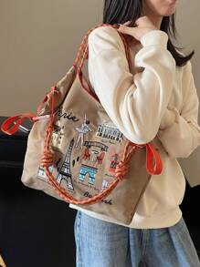 Borsa da donna 2025 nuova, borsa a tracolla di grandi dimensioni, borsa a tracolla monospalla di nicchia per pendolari, borsa casual versatile minimalista di moda, comoda in tessuto di nylon con design color-block, tracolla lunga regolabile, borsa shopping ampia apertura, popolare in autunno e inverno