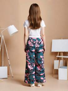 Set de 2 piezas de conjunto de verano para chicas adolescentes: Camiseta estampada con cuello redondo de Los Ángeles y pantalones rectos tipo camuflaje, conjunto de moda casual