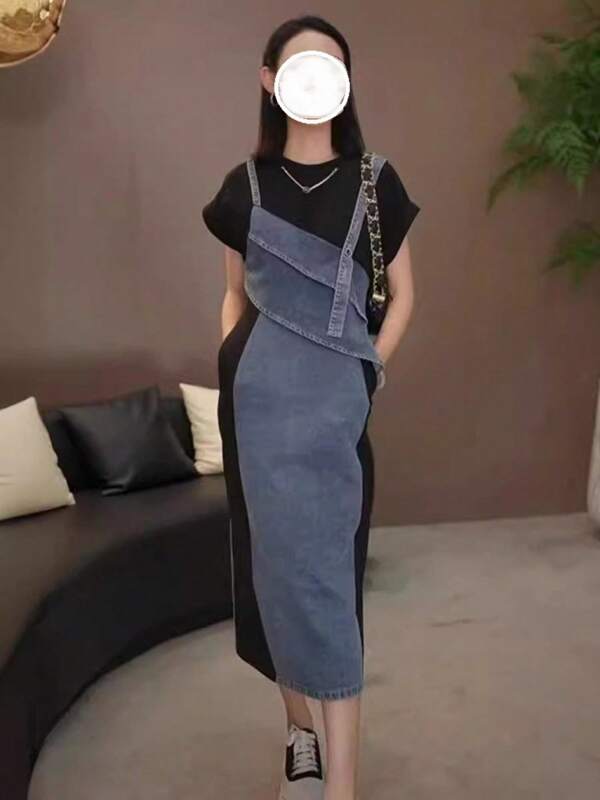 Summer 2025 Women's Long Dress, Featuring Denim Patchwork And Color Blocking, Double Layered Faux Two Piece Design, Suspenders And Elegant Waist Tightening Style.