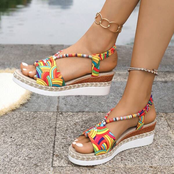 Women's Canvas Wedge Slip-On Sandals - Colorful Graffiti Pattern, Woven Detail, Comfortable Platform For Beach Wear