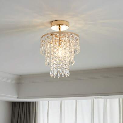 A Small Golden Crystal Chandelier, Corridor Light, Mini LED Crystal Ceiling Light, 3-Layer Crystal Raindrop Light, Decorative Lighting, Ceiling Light, Crystal Lamp, Suitable For Bedroom, Hallway, Living Room, Girl's Room, Dining Room, Bathroom.